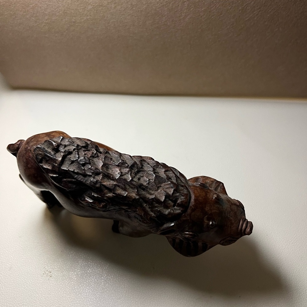 Vintage Hand-Carved Wooden Boar Figurine – Dark Hardwood, Rustic Folk Art, 6” - Picture 8 of 10